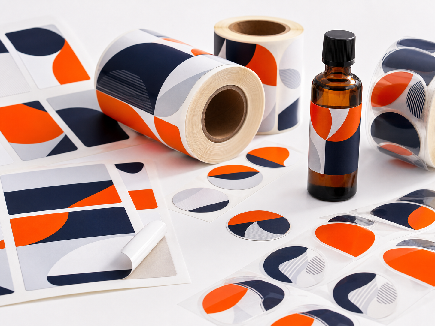 Mockup tem nhãn cuộn, sticker và nhãn chai chuyên nghiệp